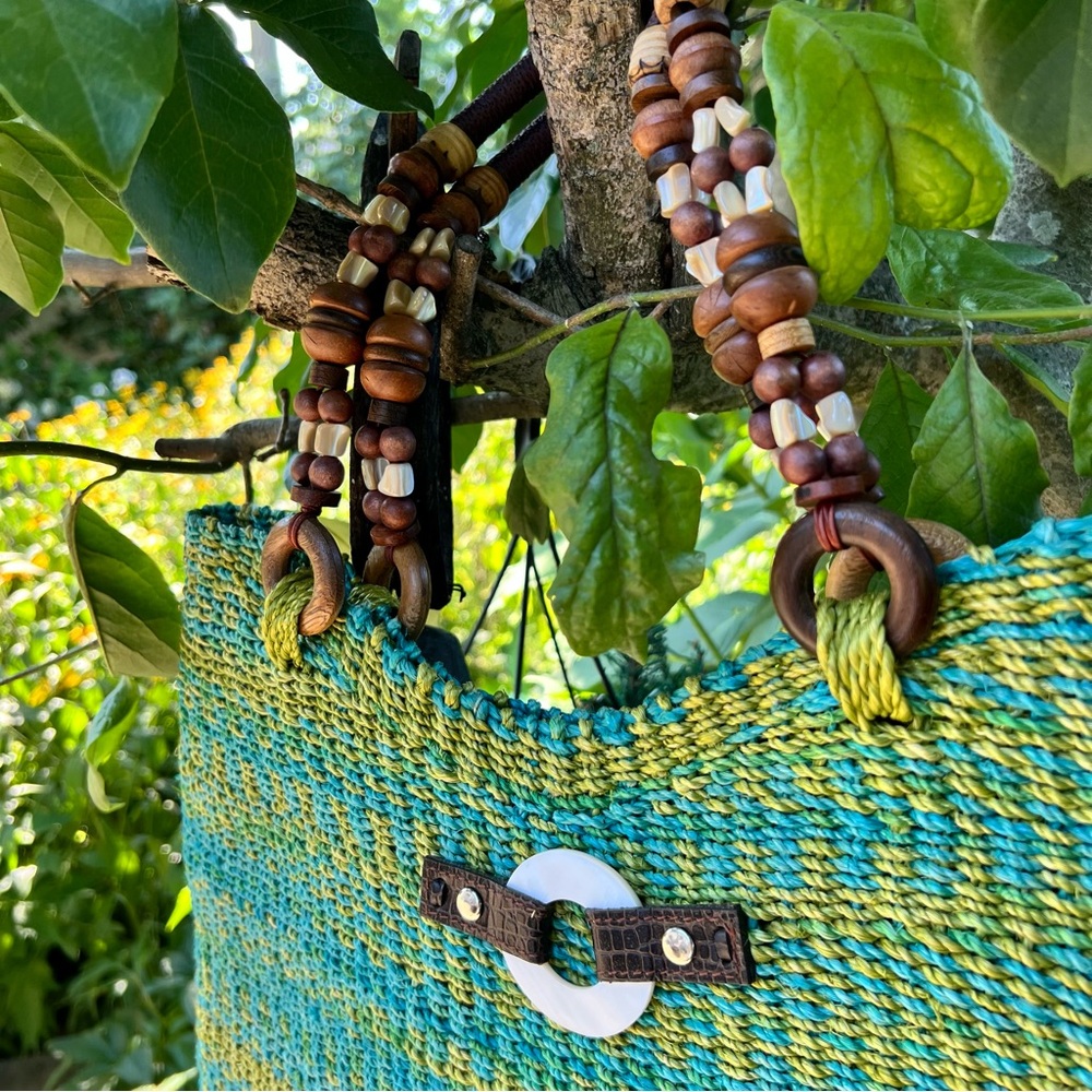 EMMA ROSE Woven Raffia Straw Green Shoulder Strap Bag Tote Beach Resort Artsy - Picture 9 of 16